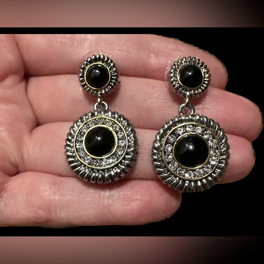 Black and silver drop earrings with Cz stones